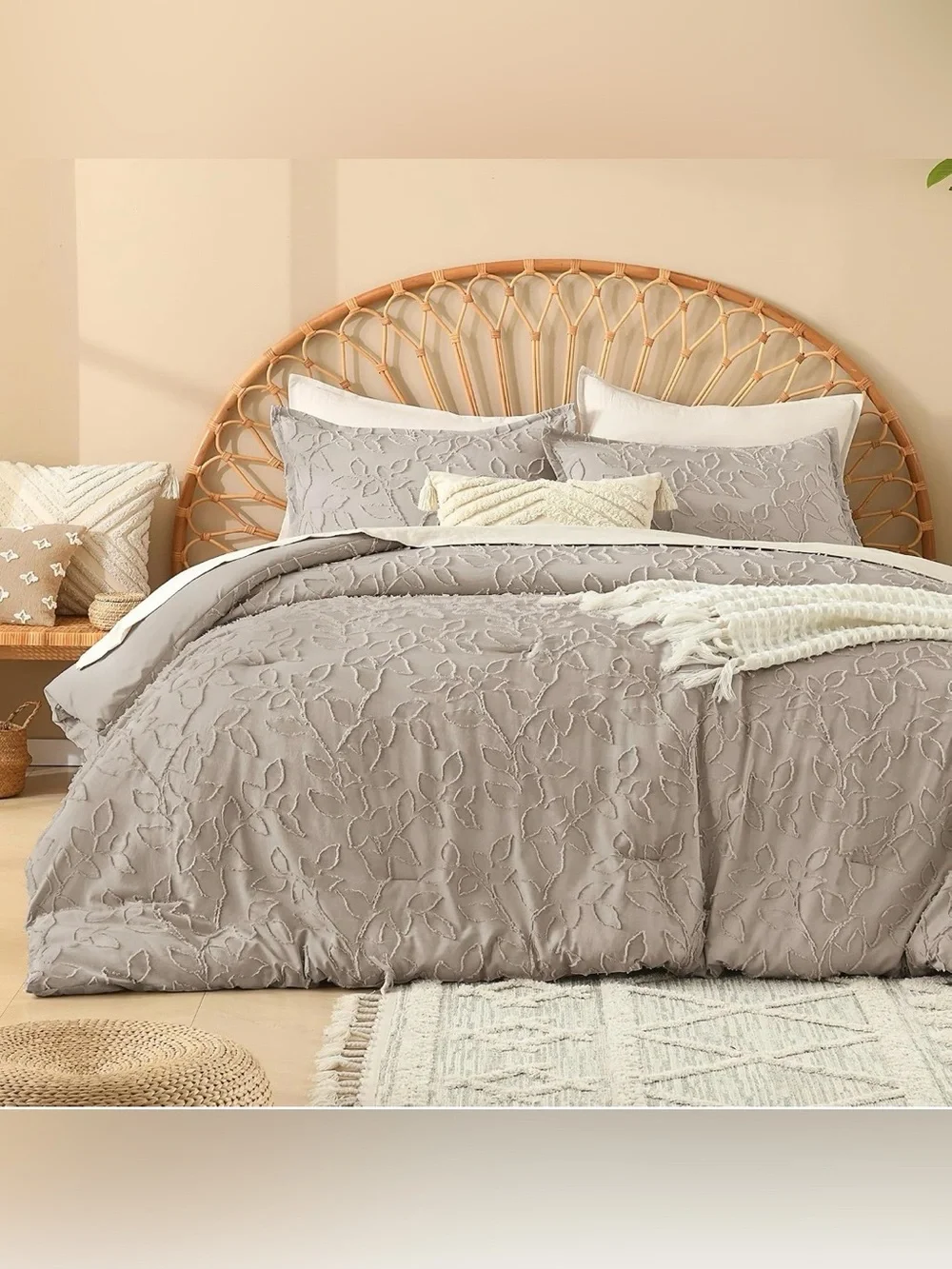 Textured Leaf-Pattern 3 piece king Comforter Set in Taupe